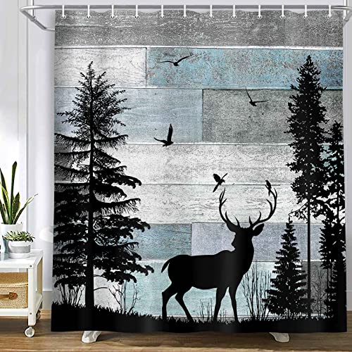 MERCHR Rustic Forest Deer Shower Curtain Cabin Farmhouse Country Lodge Bathroom Decor Polyester Fabric Bath Curtain Set with Hooks 71x71 Inches - Image 1