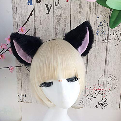 lasenersm Cat Fox Long Fur Ears Headband - Size: approx. 10x10cm, Color: Black fluff with Pink Inside, Material: Faux Fur, Costume Headband for Anime Cosplay Party Costume, Halloween, Carnival - Image 3