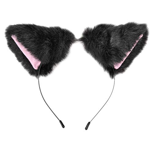 lasenersm Cat Fox Long Fur Ears Headband - Size: approx. 10x10cm, Color: Black fluff with Pink Inside, Material: Faux Fur, Costume Headband for Anime Cosplay Party Costume, Halloween, Carnival - Image 2