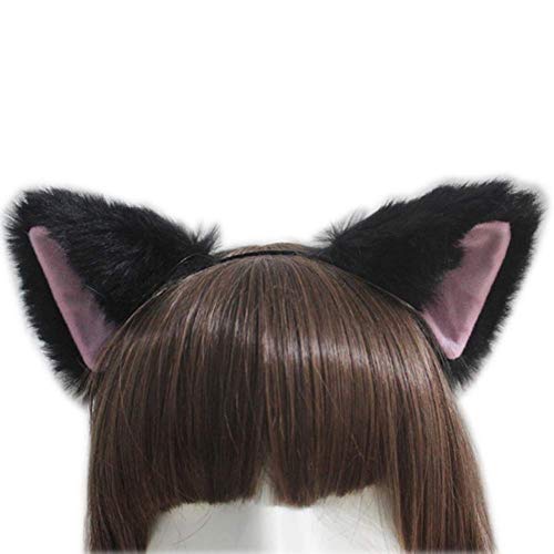 lasenersm Cat Fox Long Fur Ears Headband - Size: approx. 10x10cm, Color: Black fluff with Pink Inside, Material: Faux Fur, Costume Headband for Anime Cosplay Party Costume, Halloween, Carnival - Image 1