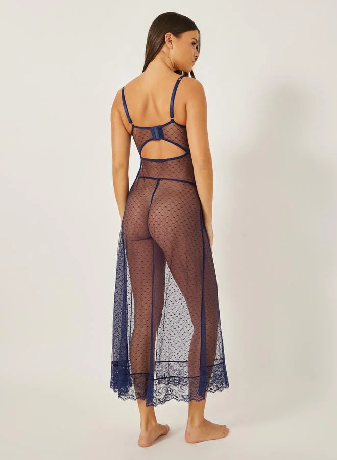Styli Styli Non Padded Wired Lace Cup Spot Mesh Maxi Babydoll and Lace Thong