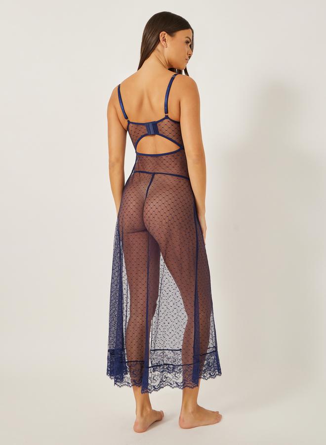 Styli Non Padded Wired Lace Cup Spot Mesh Maxi Babydoll and Lace Thong - Image 5