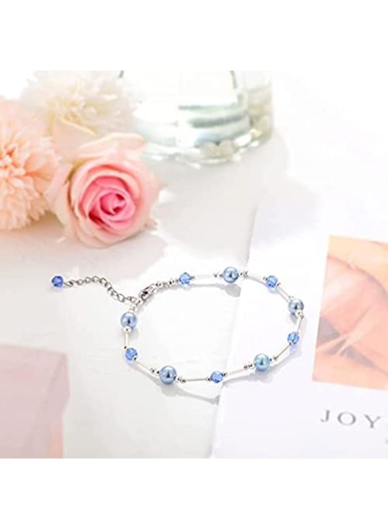 SYOSI Layered Ankle Bracelets for Women, Girls Dainty Anklet, Summer Waterproof Crystal Pearl Ankle Bracelet, Blue Anklet for Bride On Wedding Gift, Bridesmaid Bead Chain Anklet, Bridal Shower Gifts - Image 5