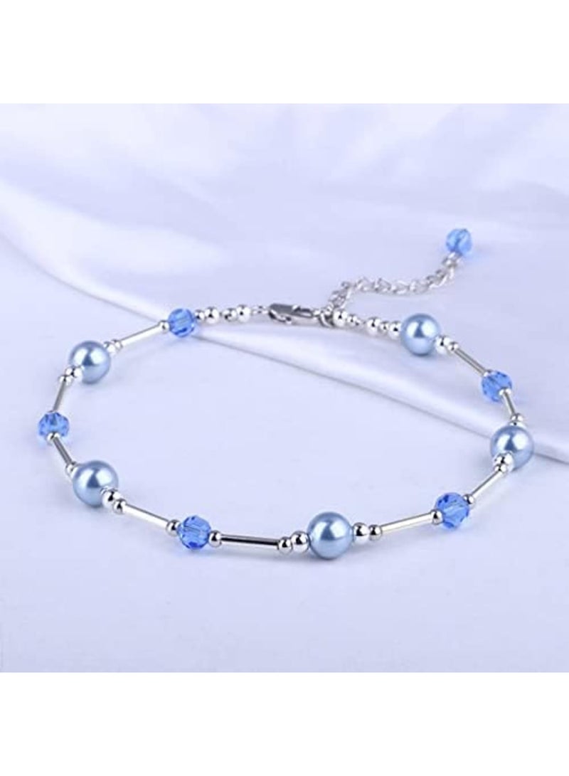 SYOSI Layered Ankle Bracelets for Women, Girls Dainty Anklet, Summer Waterproof Crystal Pearl Ankle Bracelet, Blue Anklet for Bride On Wedding Gift, Bridesmaid Bead Chain Anklet, Bridal Shower Gifts - Image 3
