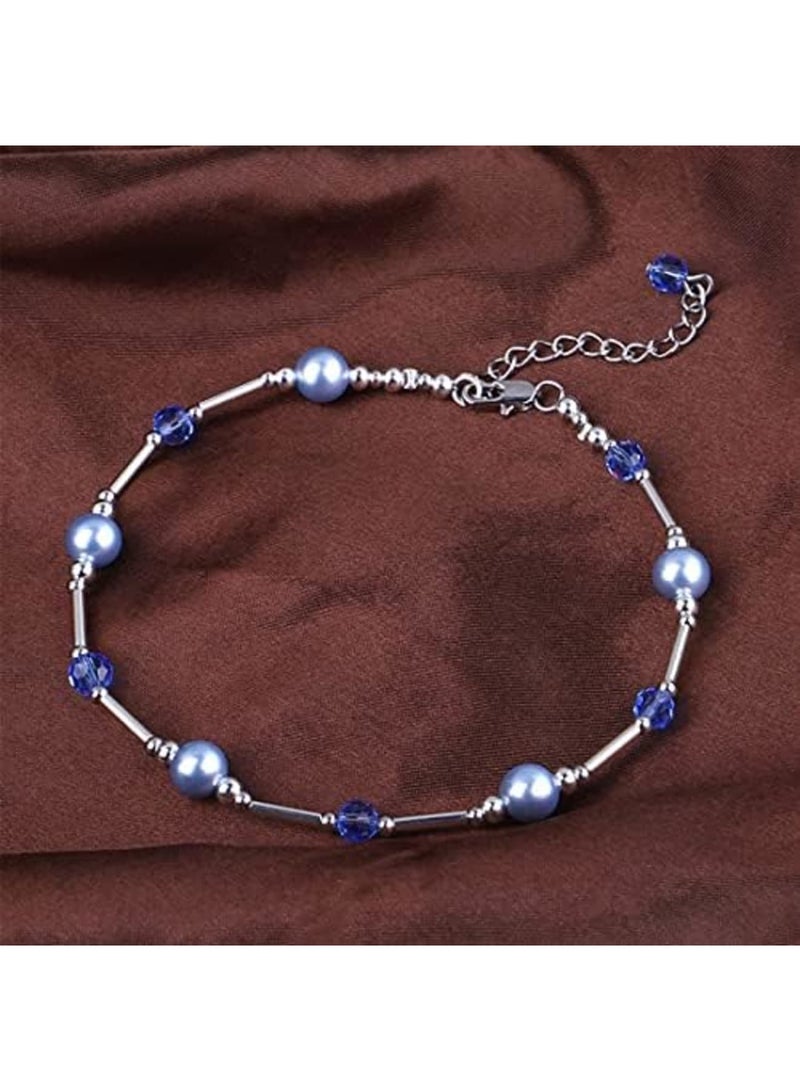 SYOSI Layered Ankle Bracelets for Women, Girls Dainty Anklet, Summer Waterproof Crystal Pearl Ankle Bracelet, Blue Anklet for Bride On Wedding Gift, Bridesmaid Bead Chain Anklet, Bridal Shower Gifts - Image 2