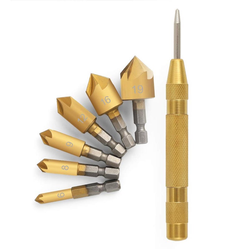 COMOWARE Countersink Drill Bit Set- 7 Pcs Counter Sinker Drill Bits for Wood, Quick Change, 1/4'' Hex Shank, High Speed Steel, 5 Flute 90 Degree Center Punch Tool, 1/4''-3/4'' - Image 1