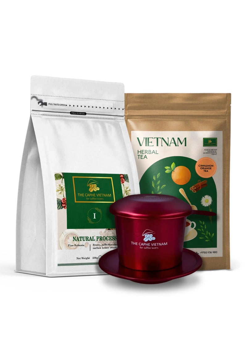 The Caphe Vietnam Combo Gift Set - Fine Robusta Natural Process Whole Bean 250g + Cinnamon Orange Tea + Vietnamese Phin Filter (Red)  - Image 1