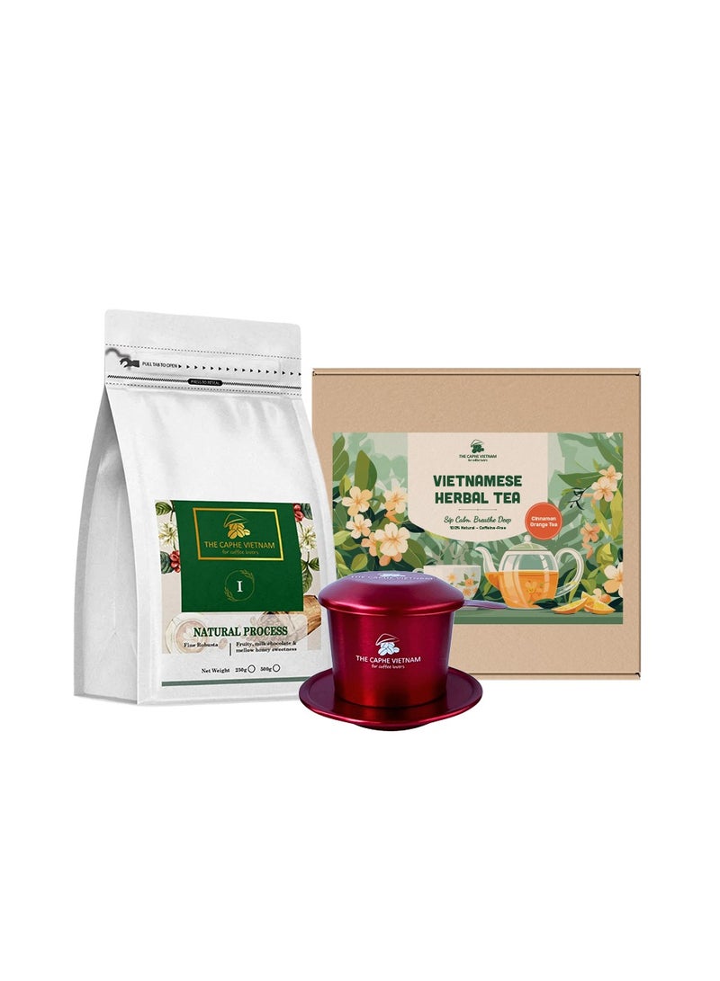 The Caphe Vietnam Combo Gift Set - Fine Robusta Natural Process Whole Bean 250g + Cinnamon Orange Tea + Vietnamese Phin Filter (Red) - Image 1