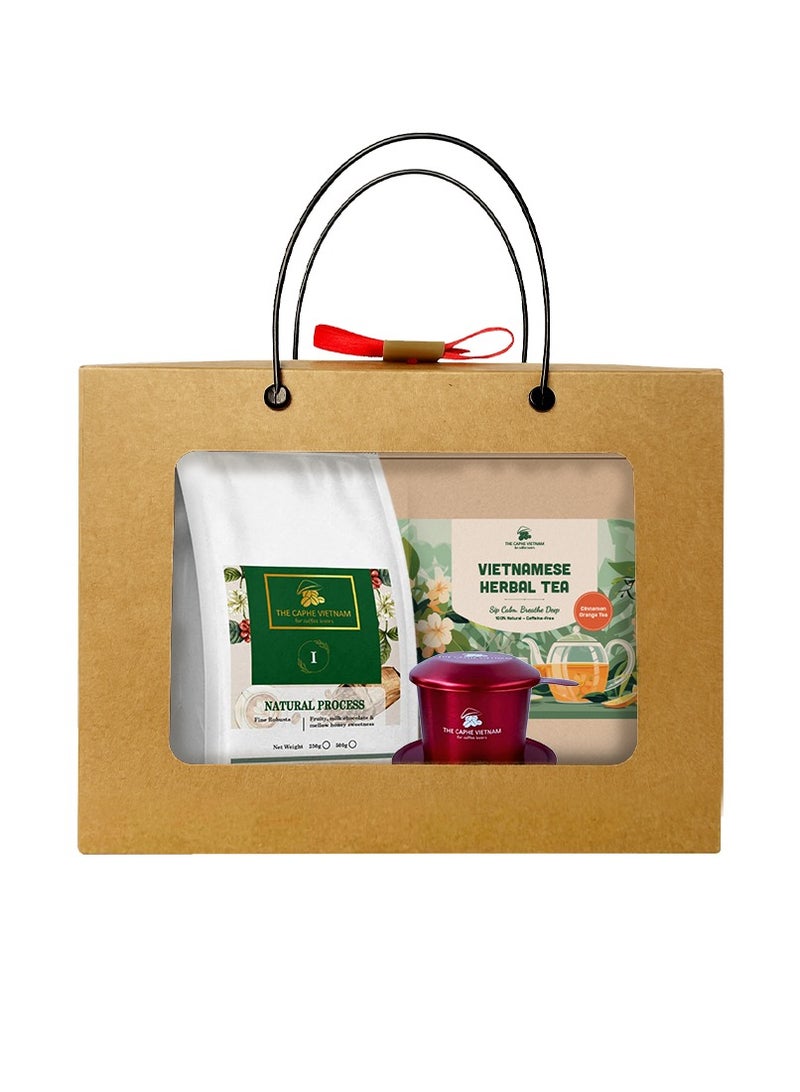 The Caphe Vietnam Combo Gift Set - Fine Robusta Natural Process Whole Bean 250g + Cinnamon Orange Tea + Vietnamese Phin Filter (Red) - Image 2