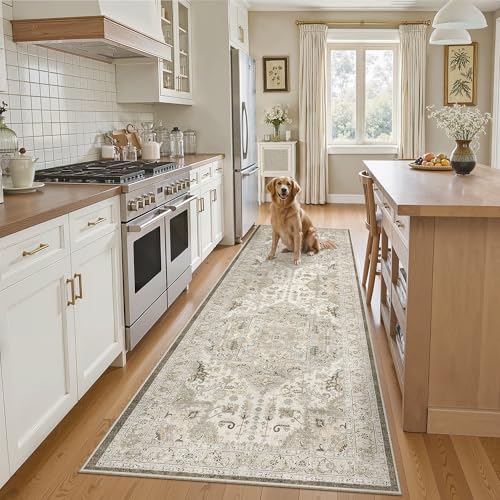 Madane Runner Rug 26x8 Kitchen Runner Hallway Runner Printed Vintage Washable Rugs Soft NonSlip Low Pile Runners for Hallways Laundry Room Rug Distressed Rug IvoryBrown - Image 3