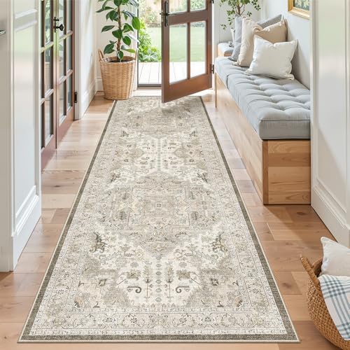Madane Runner Rug 26x8 Kitchen Runner Hallway Runner Printed Vintage Washable Rugs Soft NonSlip Low Pile Runners for Hallways Laundry Room Rug Distressed Rug IvoryBrown - Image 1