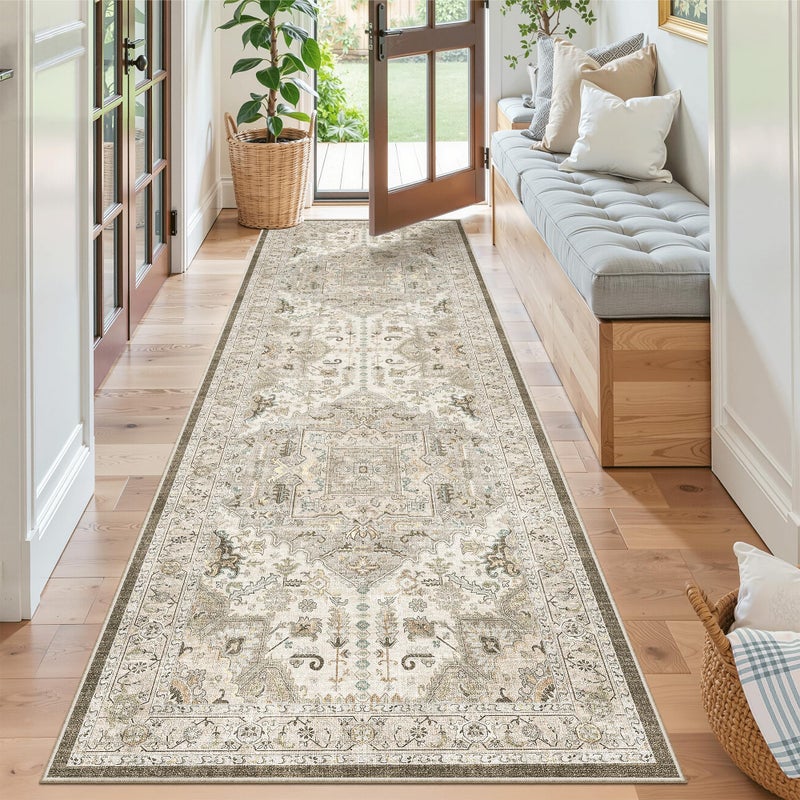 Madane Runner Rug 26x8 Kitchen Runner Hallway Runner Printed Vintage Washable Rugs Soft NonSlip Low Pile Runners for Hallways Laundry Room Rug Distressed Rug IvoryBrown - Image 2