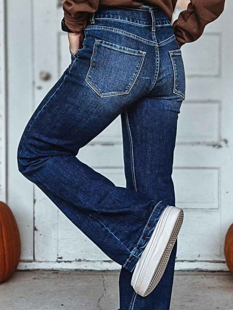 Flamingals Low Rise Boot Cut Jeans for Women Butt Lifting Western Pants with Pockets Flare Jeans Women Denim Deep Navy Blue L - Image 3