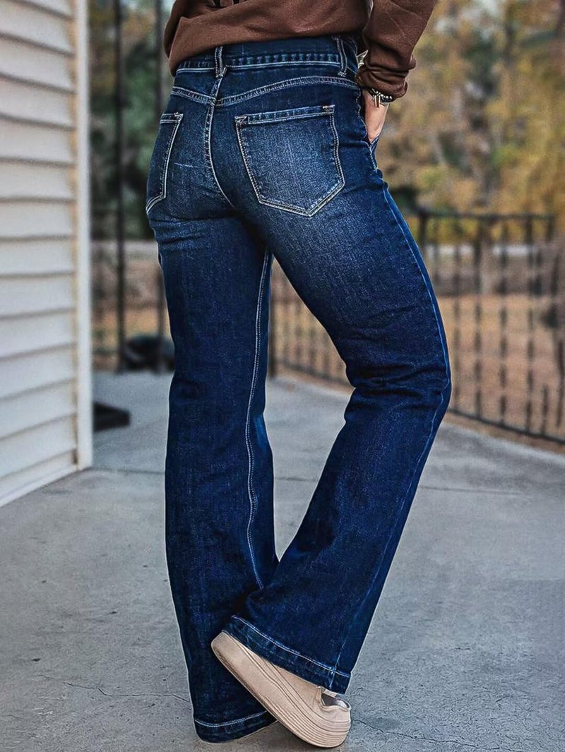 Flamingals Low Rise Boot Cut Jeans for Women Butt Lifting Western Pants with Pockets Flare Jeans Women Denim Deep Navy Blue L - Image 2