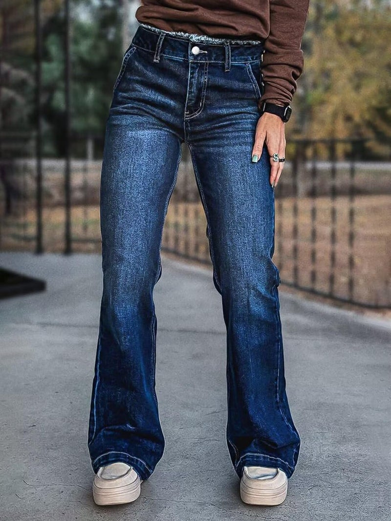 Flamingals Low Rise Boot Cut Jeans for Women Butt Lifting Western Pants with Pockets Flare Jeans Women Denim Deep Navy Blue L - Image 5