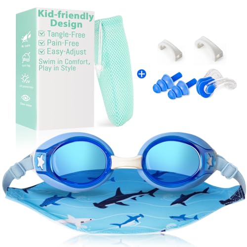 Pixel Panda Kids Goggles with Fabric Strap for 3-14, No Hair Pulling, Kids Swim Goggles for Boys Girls Toddler, Ideal for Swim Class, Blue - Image 1
