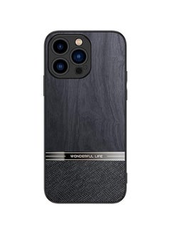 Shockproof Wood Grain Skin PU and TPU Shockproof Luxury Phone Case for iPhone 14 Pro (Black)