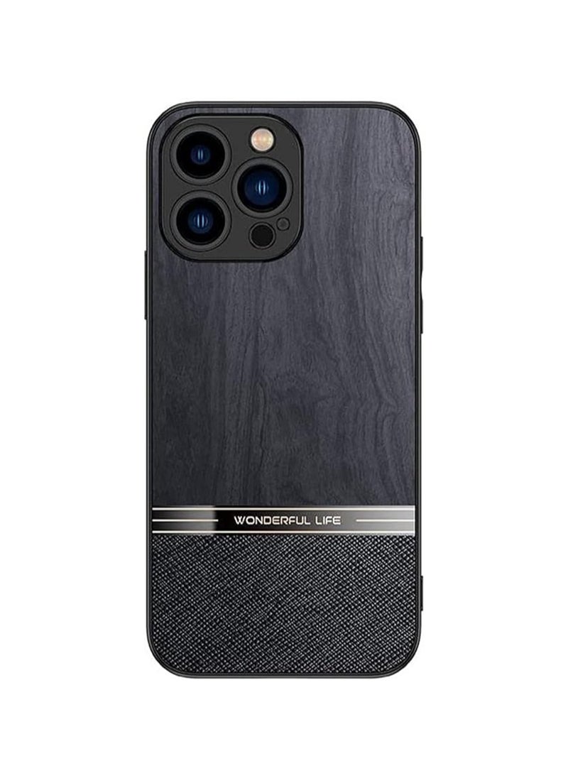 Generic - Shockproof Wood Grain Skin PU and TPU Shockproof Luxury Phone Case for iPhone 14 Pro (Black) - Image 1