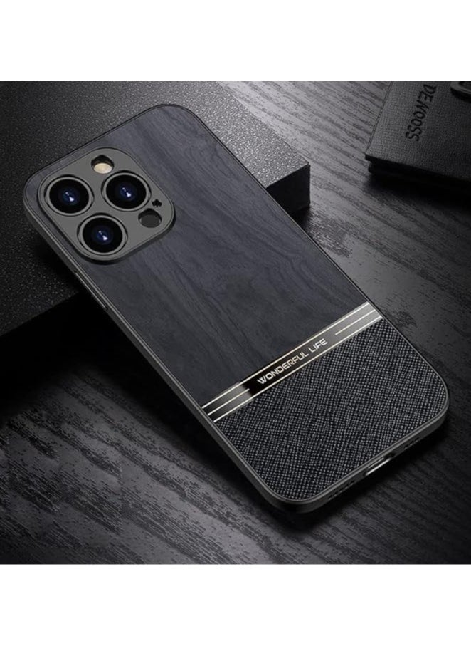 Generic - Shockproof Wood Grain Skin PU and TPU Shockproof Luxury Phone Case for iPhone 14 Pro (Black) - Image 1