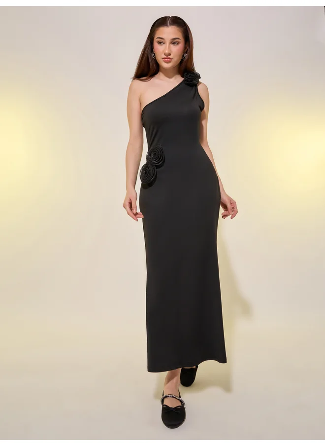 تايك تو Take Two Solid One Shoulder Neck Sheath Midi Dress with Corsage Detail