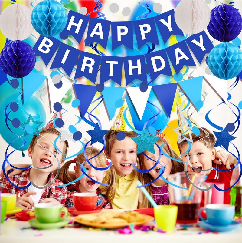 FECEDY Navy Blue Happy Birthday Paper Banner Flag Bunting Circle Confetti Garland Swirl Streamers Honeycomb Ball for Birthday Party Decorations - Image 5