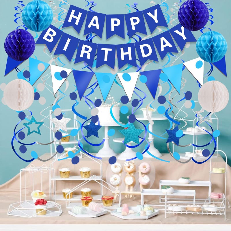 FECEDY Navy Blue Happy Birthday Paper Banner Flag Bunting Circle Confetti Garland Swirl Streamers Honeycomb Ball for Birthday Party Decorations - Image 4