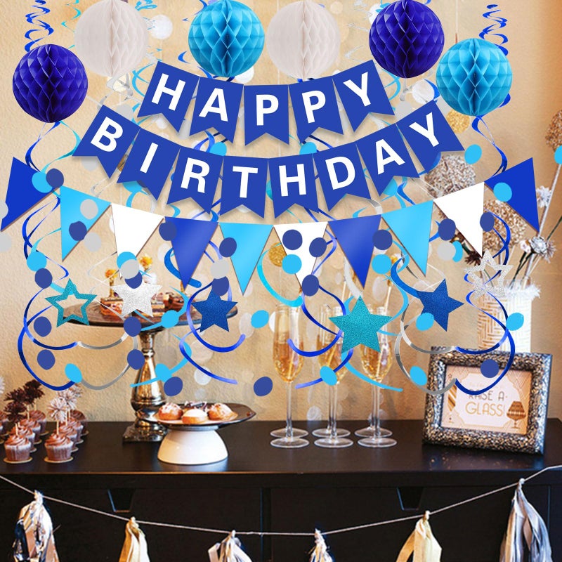 FECEDY Navy Blue Happy Birthday Paper Banner Flag Bunting Circle Confetti Garland Swirl Streamers Honeycomb Ball for Birthday Party Decorations - Image 3