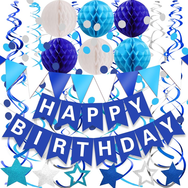 FECEDY Navy Blue Happy Birthday Paper Banner Flag Bunting Circle Confetti Garland Swirl Streamers Honeycomb Ball for Birthday Party Decorations - Image 1