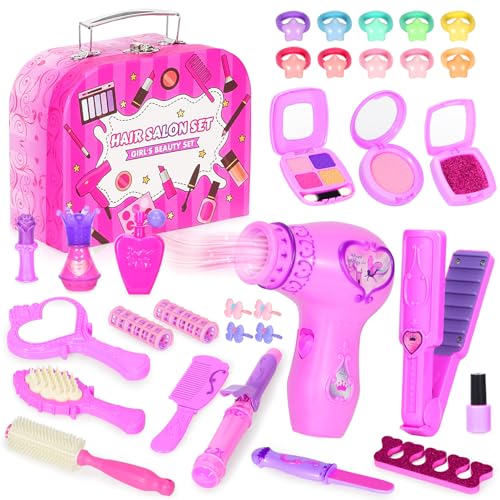 VGOFUN Hair Salon Toys for Girls38 Pcs Girls Toys Beauty Salon Playset Toddler Pretend Play Hair Styling Kit Kids Makeup Set with Hairdryer Mirror Curling Iron Portable Box and Stylist Accessories - Image 1