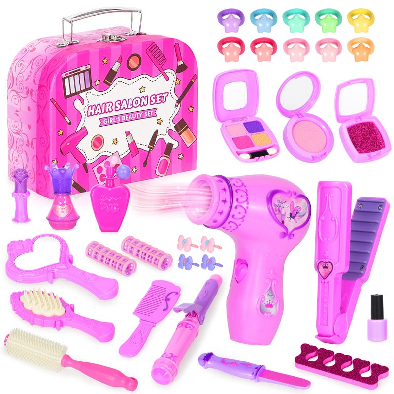 VGOFUN Hair Salon Toys for Girls38 Pcs Girls Toys Beauty Salon Playset Toddler Pretend Play Hair Styling Kit Kids Makeup Set with Hairdryer Mirror Curling Iron Portable Box and Stylist Accessories - Image 3