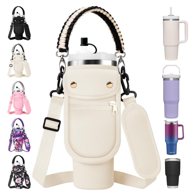 AceTreker Water Bottle Sleeve Bag for Stanley 30 40oz Tumbler with Strap Reusable Thermos Cup Holder with 2 Pocket Paracord Handle Straw Cover for Hiking Travelling Car GymCream - Image 2