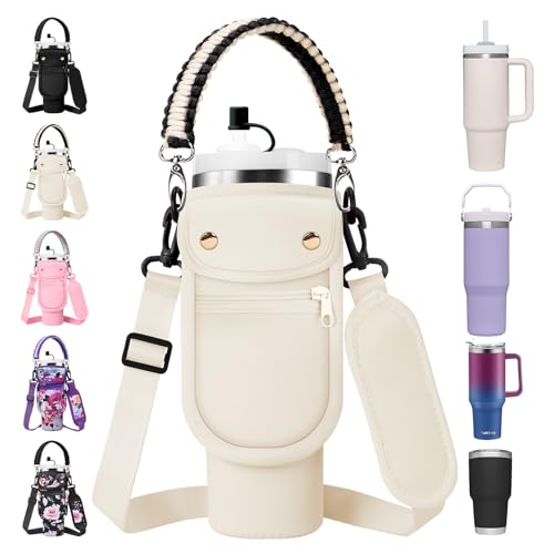 AceTreker Water Bottle Sleeve Bag for Stanley 30 40oz Tumbler with Strap Reusable Thermos Cup Holder with 2 Pocket Paracord Handle Straw Cover for Hiking Travelling Car GymCream - Image 1