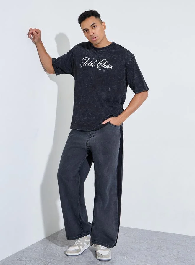 Styli Black Acid Wash Crew Neck Oversized T-Shirt With Front Print