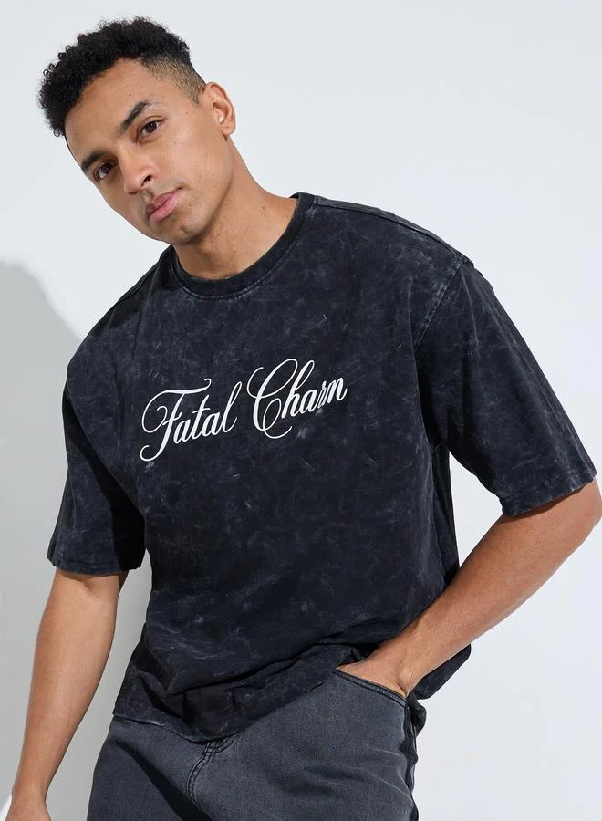 Styli Black Acid Wash Crew Neck Oversized T-Shirt With Front Print