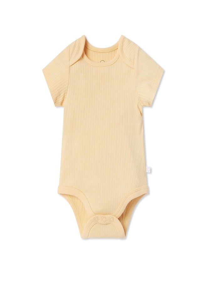 MORI Baby Short Sleeve Bodysuit in Ribbed Yellow with Envelope Neck and Poppers - Unisex Romper - 3-6 Months - Image 1