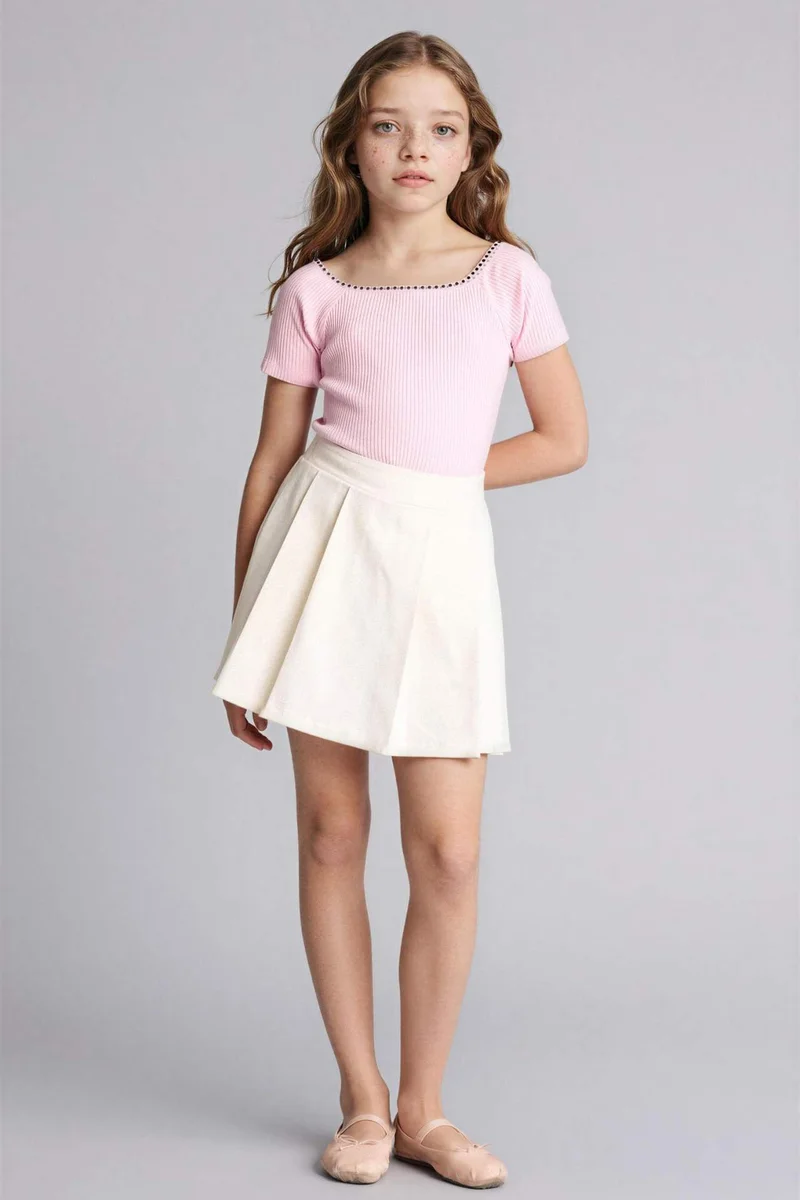 Defacto Girl Boat Neck Ribbed T-Shirt