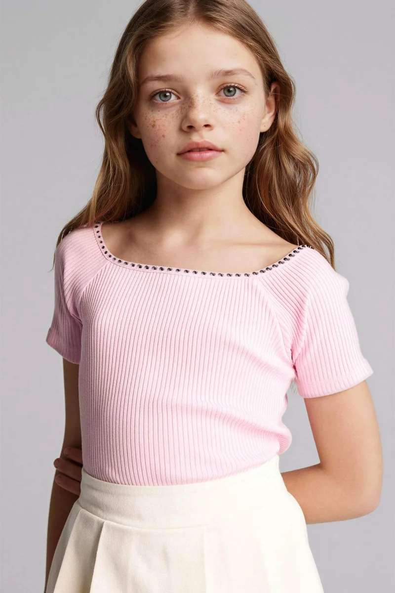 Defacto Girl Boat Neck Ribbed T-Shirt
