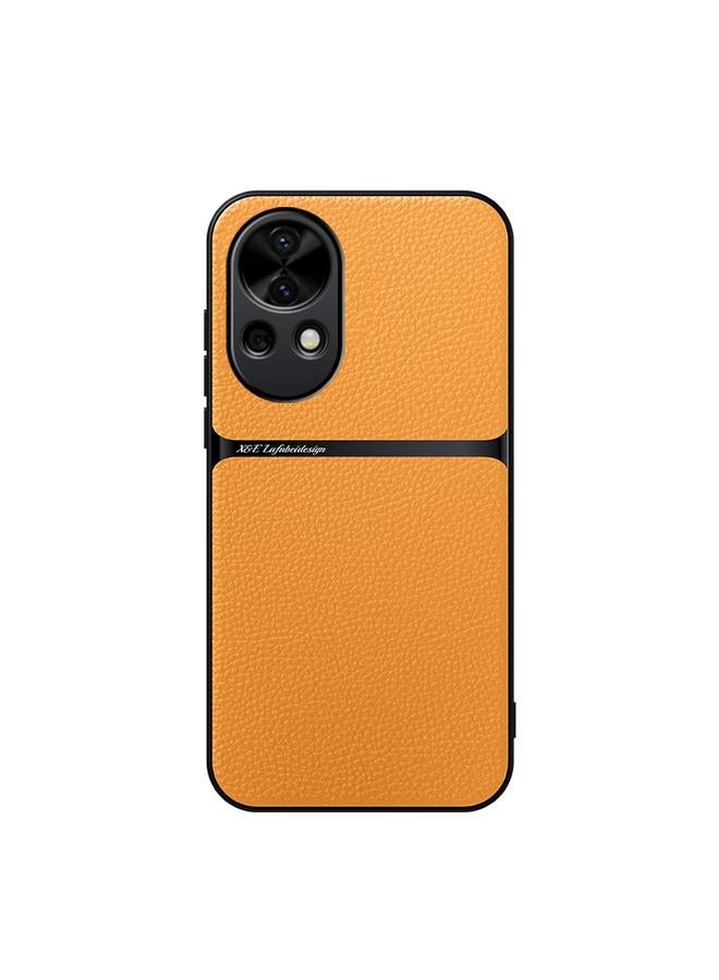 جراب هاتف Huawei nova 12 / nova 13 من الجلد الليتشي المغناطيسي المقاوم للصدمات بتغطية كاملة (أصفر)