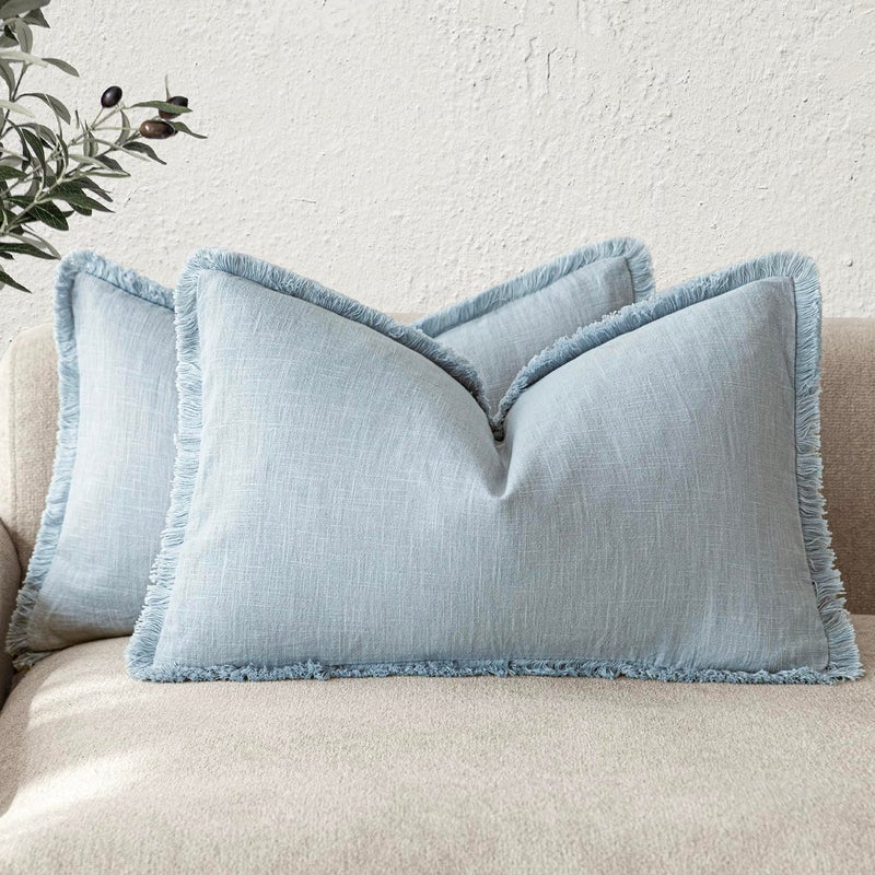 Foindtower Set of 2 Decorative Linen Fringe Lumbar Throw Pillow Covers Boho Farmhouse Cushion Cover with Tassels Soft Accent Pillowcase for Couch Sofa Bed Living Room Home Decor1224 InchSky Blue