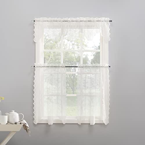 No. 918 Alison Floral Lace Sheer Rod Pocket Kitchen Curtain Tier Pair, 58" x 36", Ivory - Image 3