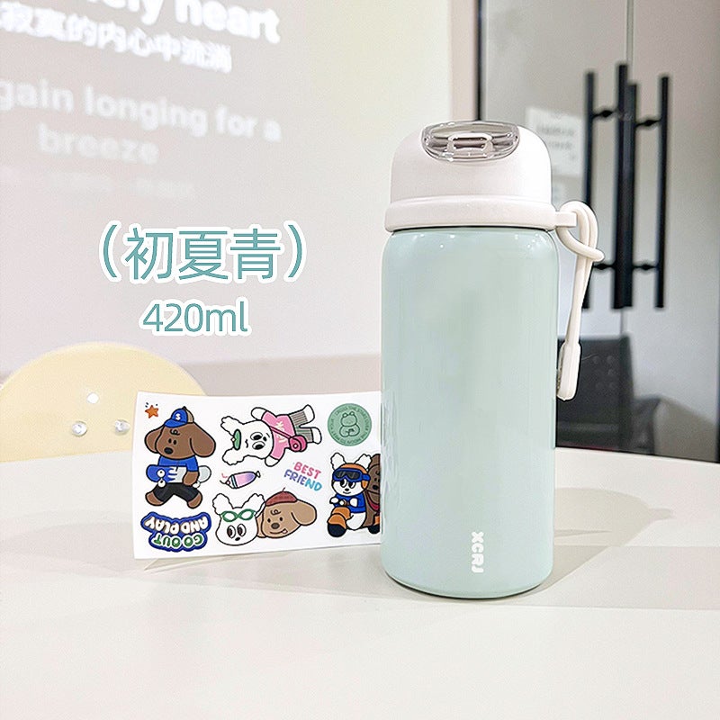 Simple school thermos cup student special portable straw cup cartoon cute small stainless steel cup wholesale X-212W cyan
