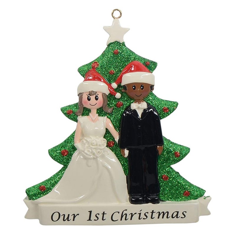 Personalized First Christmas Married Ornament 2025 Our 1st Christmas as Mr and Mrs Polyresin Wedding Gifts for Newlyweds Couple Charming White Bride and Black Groom Keepsake Gift