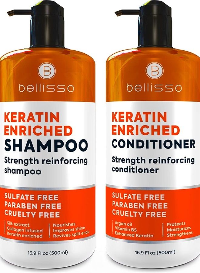 BELLISSO Keratin Shampoo and Conditioner Set - Sulfate and Paraben Free - Salon Repair for Dry, Damaged and Color Treated Hair - Anti Frizz Formula for Women and Men - Image 1