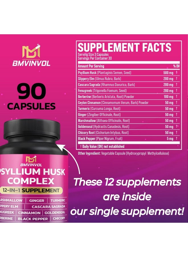 BMVINVOL BMVINVOL Psyllium Husk, Slippery Elm, Cascara Sagrada, Fenugreek, Berberine, Cinnamon, Turmeric + 5 Mores - Immune Support & Digestive Health Supplement - 90 Capsules - Image 2