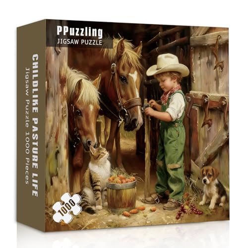 PPuzzling Country Farm Animals Puzzles for Adults 1000 Pieces Vintage Cowboy Boy with Horses Cat Puppy Scene Jigsaw Puzzle Challenging Rustic Barn Farmhouse Art Puzzle - Image 1