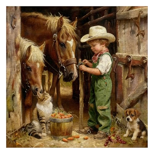 PPuzzling Country Farm Animals Puzzles for Adults 1000 Pieces Vintage Cowboy Boy with Horses Cat Puppy Scene Jigsaw Puzzle Challenging Rustic Barn Farmhouse Art Puzzle - Image 5