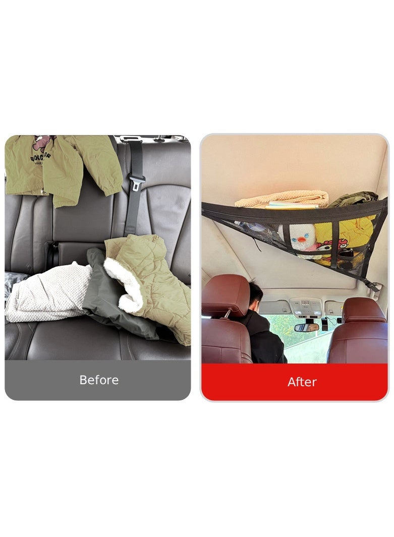 شبكة تخزين سقف السيارة بطبقتين وثلاثة مقابض بتصميم سقف مثلثي، شبكة تخزين للمركبة، إكسسوار سيارة، باللون الأسود - Image 3