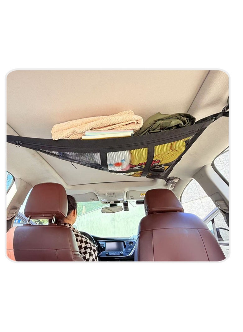 شبكة تخزين سقف السيارة بطبقتين وثلاثة مقابض بتصميم سقف مثلثي، شبكة تخزين للمركبة، إكسسوار سيارة، باللون الأسود - Image 4