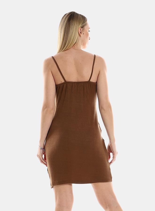 Kady Spaghetti Sleeves Knitted Pattern Casual Short Dress With Decorative Front Keyhole women brown 2XL- Regular - Image 3
