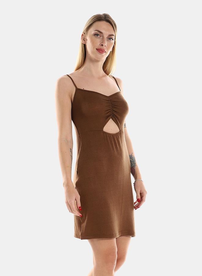 Kady Spaghetti Sleeves Knitted Pattern Casual Short Dress With Decorative Front Keyhole women brown 2XL- Regular - Image 2